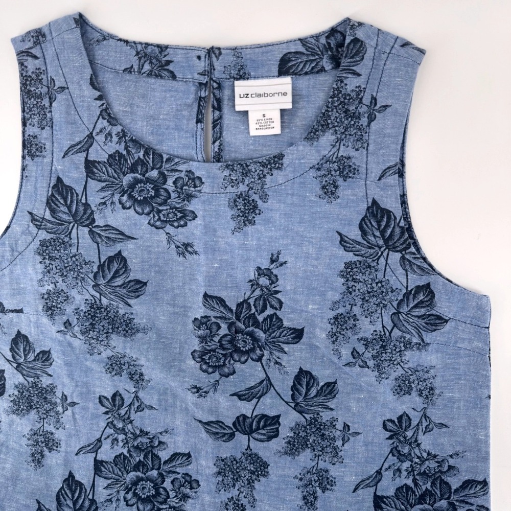 Liz Claiborne Tank Top Small Blue Floral Linen Cotton Sleeveless Fringed Hem - Picture 3 of 7